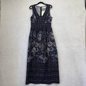 Especia Poppy Midi Dress Womens Large Navy Floral V Neck Sleeveless A Line